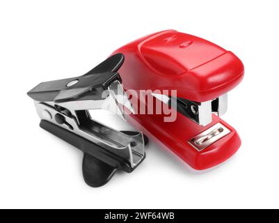 New bright stapler and staple remover isolated on white, closeup Stock Photo