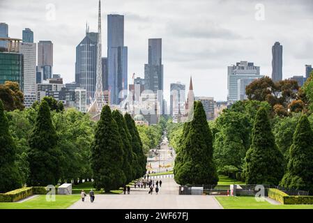 View to Melbourne city skyline, St Kilda Road, Botanic Gardens, from the Shrine of Remembrance Stock Photo