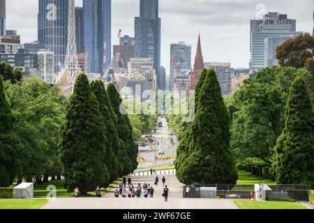 View to Melbourne city skyline, St Kilda Road, Botanic Gardens, from the Shrine of Remembrance Stock Photo