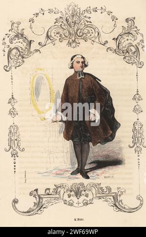 Costume of a French abbot, 18th century. In cap, cloak, coat, breeches, buckle shoes, standing next to a mirror. L'Abbe. Handcoloured steel engraving by Alexandre Baulant after an illustration by Tony Johannot, within a decorative cartouche by Anne Modave, from Augustin Challamel's Autrefois ou Le Bon Vieux Temps, Types de 18e Siecle, Challamel et Cie, 1842. Stock Photo