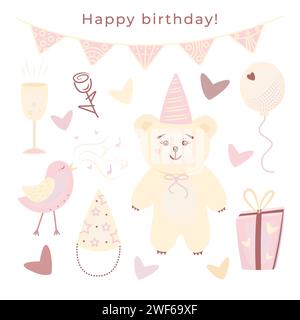 Birthday doodle set of cute color stickers, vector holiday items Stock Vector