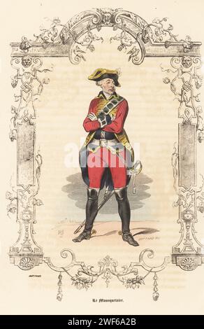 Uniform of a French musketeer, 18th century. Light cavalry dragoon in bicorne, red coat and breeches, black waistcoat, boots, armed with sword. Disbanded in 1776. Le Mousquetaire. Handcoloured steel engraving by Cottard after an illustration by Theophile Fragonard, within a decorative cartouche by Bertrand, from Augustin Challamel's Autrefois ou Le Bon Vieux Temps, Types de 18e Siecle, Challamel et Cie, 1842. Stock Photo