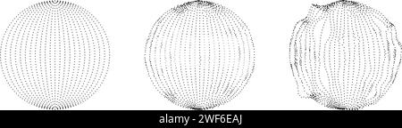 Set of dotted spheres with dissolve effect. Stippled disintegrating circle collection. Halftone textured balls with noise dot work grain. Radial grunge particles. Dot sphere element bundle. Vector Stock Vector