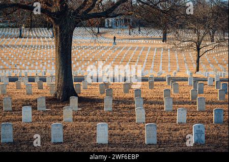 The setting sun casts long shadows across the orderly rows of white gravestones at the Nashville National Cemetery. Stock Photo