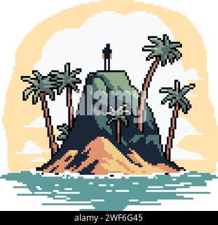 pixel art of man on small island Stock Vector