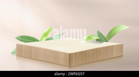 3D wooden platform with green leaves on beige background. Vector realistic illustration of square stage for organic cosmetics presentation, natural beauty product stand mockup, exhibition display Stock Vector