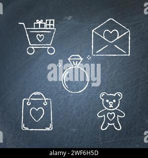Chalkboard Valentine day icon set in line style. Love symbols sketches collection on blackboard. Shopping cart with presents, letter with heart, diamo Stock Vector