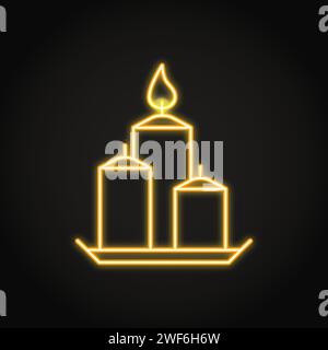 Decorative candles on a plate icon in neon line style. Bright light source with burning flame. Home interior decor. Vector illustration. Stock Vector