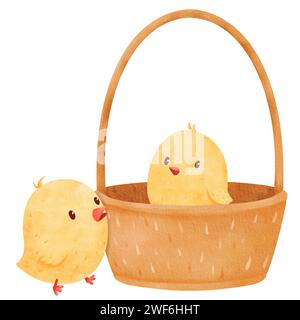 Watercolor composition showcasing two lively chicks. one frolicking inside a basket, the other outside. Cartoon-style illustration capturing the Stock Photo