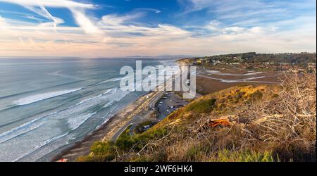 Panoramic Landscape View From Above Scenic Pacific Ocean Coastline.  Guy Fleming Hiking Trail Torrey Pines Beach California State Park San Diego USA Stock Photo