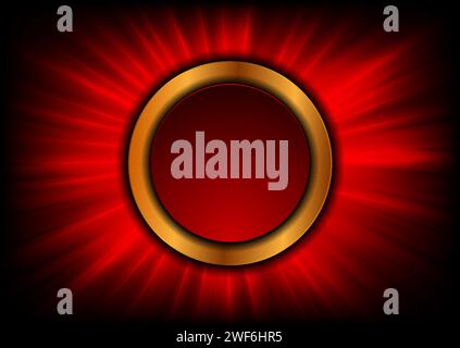 Golden and red circles with glowing rays abstract background. Vector art design Stock Vector