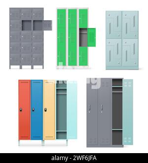 Different metal cabinet, steel locker, safe boxes stand with doors set Stock Vector