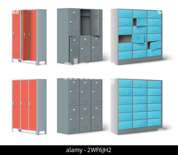 Isolated set of stainless steel grey and colored lockers for storage Stock Vector