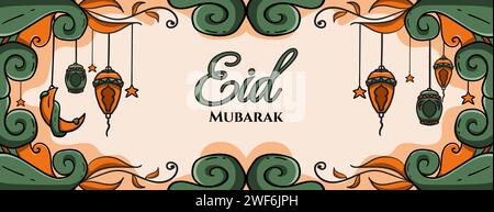 hand drawn islamic illustration ornament in green and orange color.great for eid mubarak banner, ramadan kareem banner, and other islamic holiday. vec Stock Vector