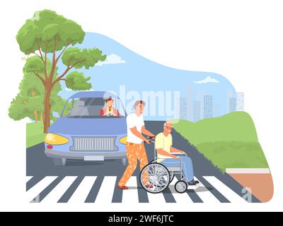Social worker providing elderly care helping man in wheelchair to cross road Stock Vector