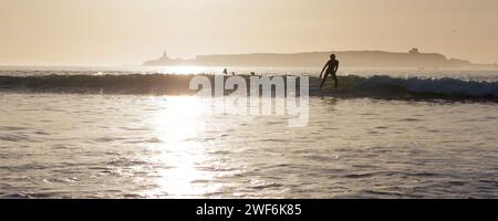 Surfer in silhouette rides a wave at sunset with an Island behind in Essaouira, Morocco, Jan 28th 2024 Stock Photo