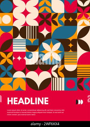 Modern abstract poster with geometric pattern. Vector contemporary background featuring a vibrant orange, red, blue, brown and white colors, showcasing modern design principles with a dynamic fusion Stock Vector
