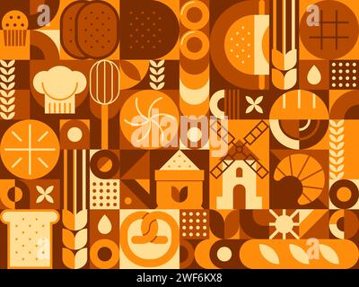 Wheat and bread abstract geometric pattern features clean lines, sharp angles and minimalist shapes of cereal or pastry production. Croissant, toast, bun and loaf, baguette, rye or cookie with pretzel Stock Vector