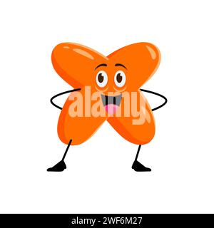 Cartoon math number character of cute orange multiplication symbol. Vector funny cross sign personage sticking tongue out with happy smiling face. Mathematics emoji, arithmetic operation emoticon Stock Vector