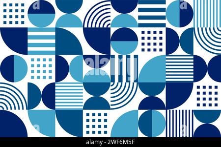 White, dark and light blue modern abstract geometric bauhaus pattern background. Vector sleek backdrop intertwines shapes in a modern dance, creating a sophisticated and visually engaging mosaic tile Stock Vector