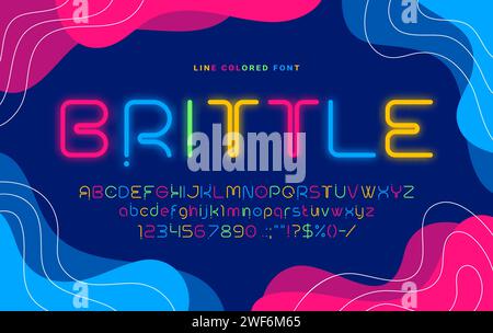 Modern font, abstract neon line type, round typeface, english alphabet. Vector glowing abc letters, digits and punctuation marks. Blue, pink, green and orange glow uppercase fluorescent characters Stock Vector