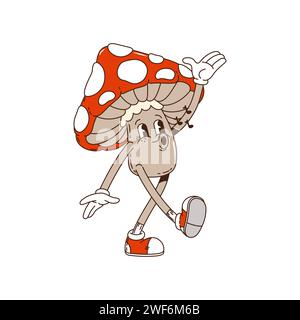 Groovy mushroom cartoon character whistling song with happy face, vector retro art. Hippie groovy mushroom singing melody with song notes, cartoon funky or quirky kawaii hippie amanita mushroom Stock Vector