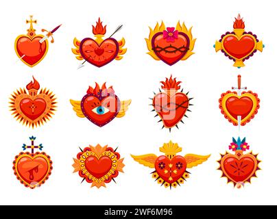 Mexican sacred hearts. Cartoon vector set of vibrant and intricate religious symbols with flowers, flames, crosses, eyes and thorns, representing devotion and spiritual significance in Mexico culture Stock Vector