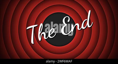 Movie End vintage screen for cinema film or cartoon final, vector background with circular frames. Hollywood cinema and retro movie theater The End screen with red round stripes in cartoon art style Stock Vector