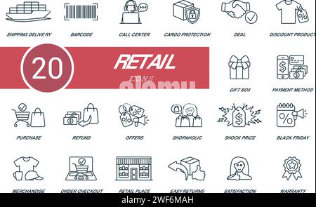 Retail outline icons set. Creative icons: shipping delivery, barcode, call center, cargo protection, deal, discount product, gift box, payment method Stock Vector