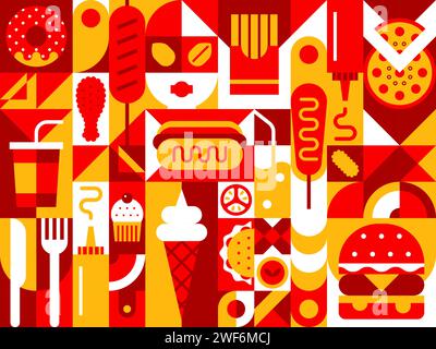 Fast food abstract modern geometric pattern in retro mosaic, vector background. Fast food pizza, burger and ice cream with hot dog sandwich and donut with cupcake and soda drink in geometric pattern Stock Vector