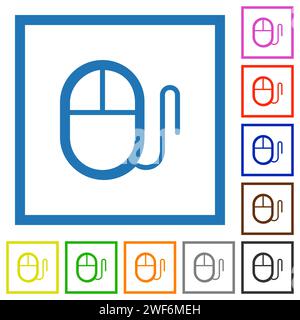 Computer mouse with cord outline flat color icons in square frames on white background Stock Vector
