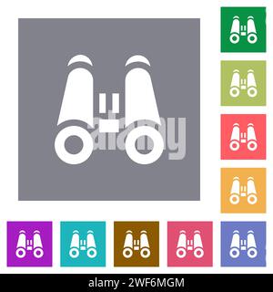 Binoculars solid flat icons on simple color square backgrounds Stock Vector