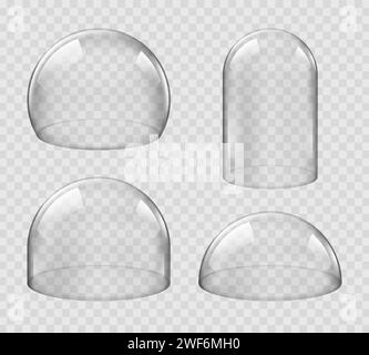 Crystal glass domes, round transparent sphere cover. Isolated realistic 3d vector glossy snow globe souvenirs, transparent semisphere containers of small, medium and large sizes, xmas gift mock up Stock Vector