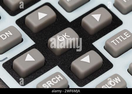 Navigation and confirmation keys on the remote control. Macro photography Stock Photo