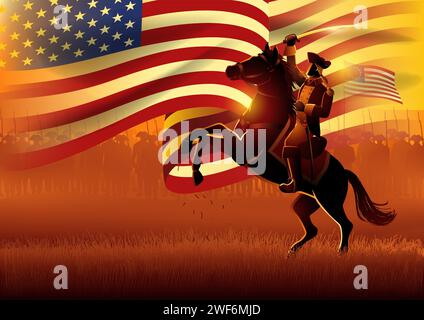 Vector illustration of a general leading his army on battlefield in the American revolutionary war with USA flag as the background Stock Vector