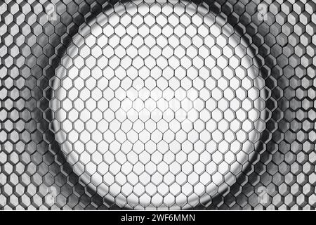 Abstract gray background with honeycomb cells, backlit with a circle in the center. Honeycomb photographic reflector. Stock Photo