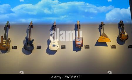 London, UK. 18th Jan, 2024. Various guitars by Mark Knopfler, musician and ex-leader of Dire Straits, are on display at Christie's auction house in London before they are auctioned there on Wednesday, January 31, 2024. (to dpa-KORR 'Money For Nothing': Mark Knopfler's guitars under the hammer) Credit: Philip Dethlefs/dpa - ATTENTION: Only for editorial use in connection with reporting on the auction and only with full mention of the above credit/dpa/Alamy Live News Stock Photo