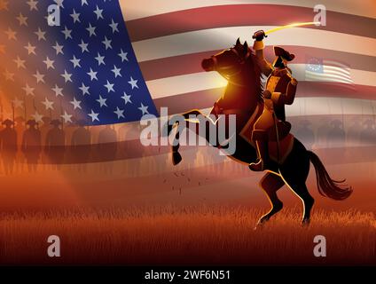 Vector illustration of a general leading his army on battlefield in the American revolutionary war with USA flag as the background Stock Vector