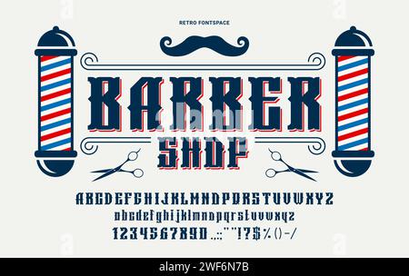 Retro barber font or vintage western type for barbershop English alphabet, vector old ABC typeface. Barber font for shop label, hipster design script text with bold letters and signs for barbershop Stock Vector