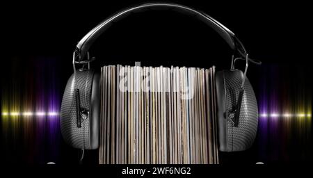 Pile of old vinyl discs, headphones on black background with sound wave. Audiophile music concept Stock Photo
