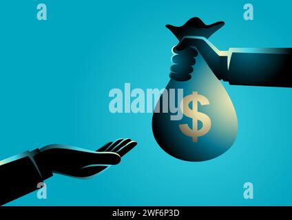 Vector illustration of hand giving money bag to another hand Stock Vector