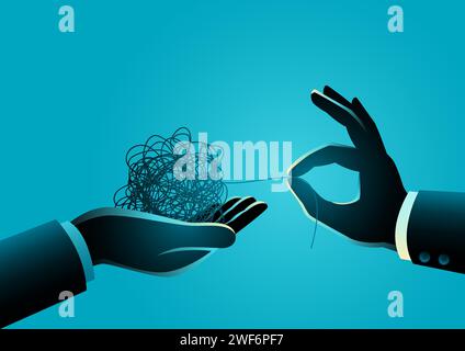 One hand gives a tangled thread and the other hand tries to untangled it, metaphor for coaching, helping to give solution in business Stock Vector