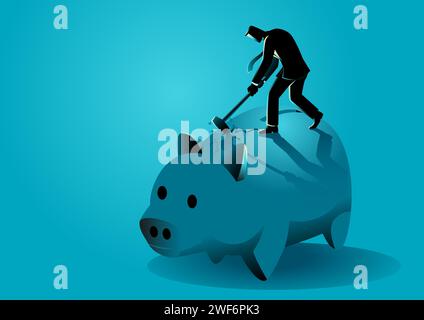 Business concept vector illustration of businessman smashing giant piggy bank with sledge hammer, needs emergency money, using money in financial cris Stock Vector