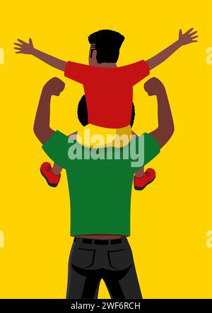 Simple flat vector with vibrant colors of a son on his father shoulders, for black family and juneteenth theme Stock Vector