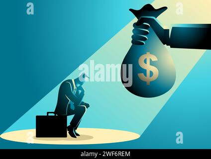 Illustration of a businessman sitting on suitcase sadly and hand offers him a bag of money Stock Vector