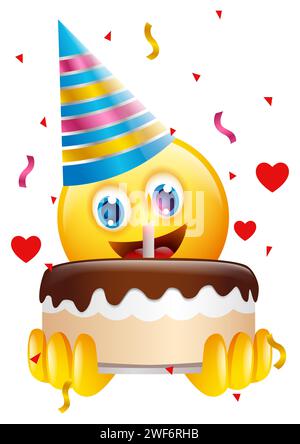Emoticon face wears birthday hat holding a cake, vector illustration Stock Vector