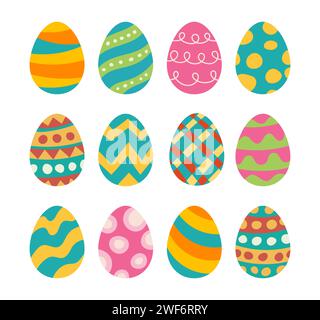 Set of easter eggs flat design on white background. Happy easter decorative elements. Stock Vector