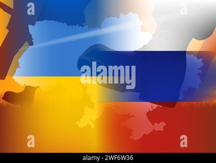 Vector illustration of army boots silhouette with Ukrainian flag, Russian flag and Ukraine map, invasion, conflict, under pressure, war concept Stock Vector