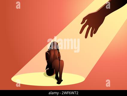 Human hand helps a sad woman sitting on the floor, vector illustration Stock Vector