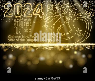 2024 Chinese New Year of the Dragon shining light sparkles background Stock Vector
